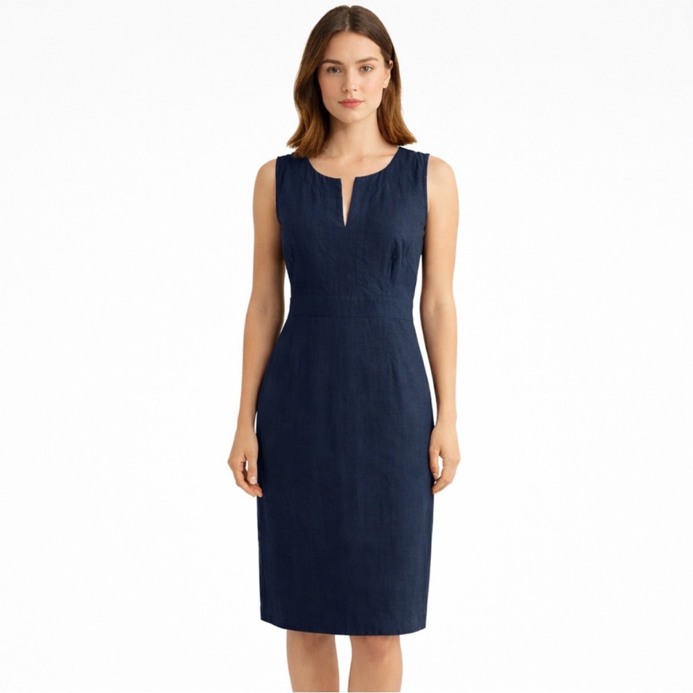 Boden Women's Sleeveless Sheath Dress US 6R Navy Blue 100% Cotton Office Classic